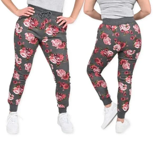 Lit26 Fleece Jogger Pants Black Pink Rose Print Large - Picture 2 of 6